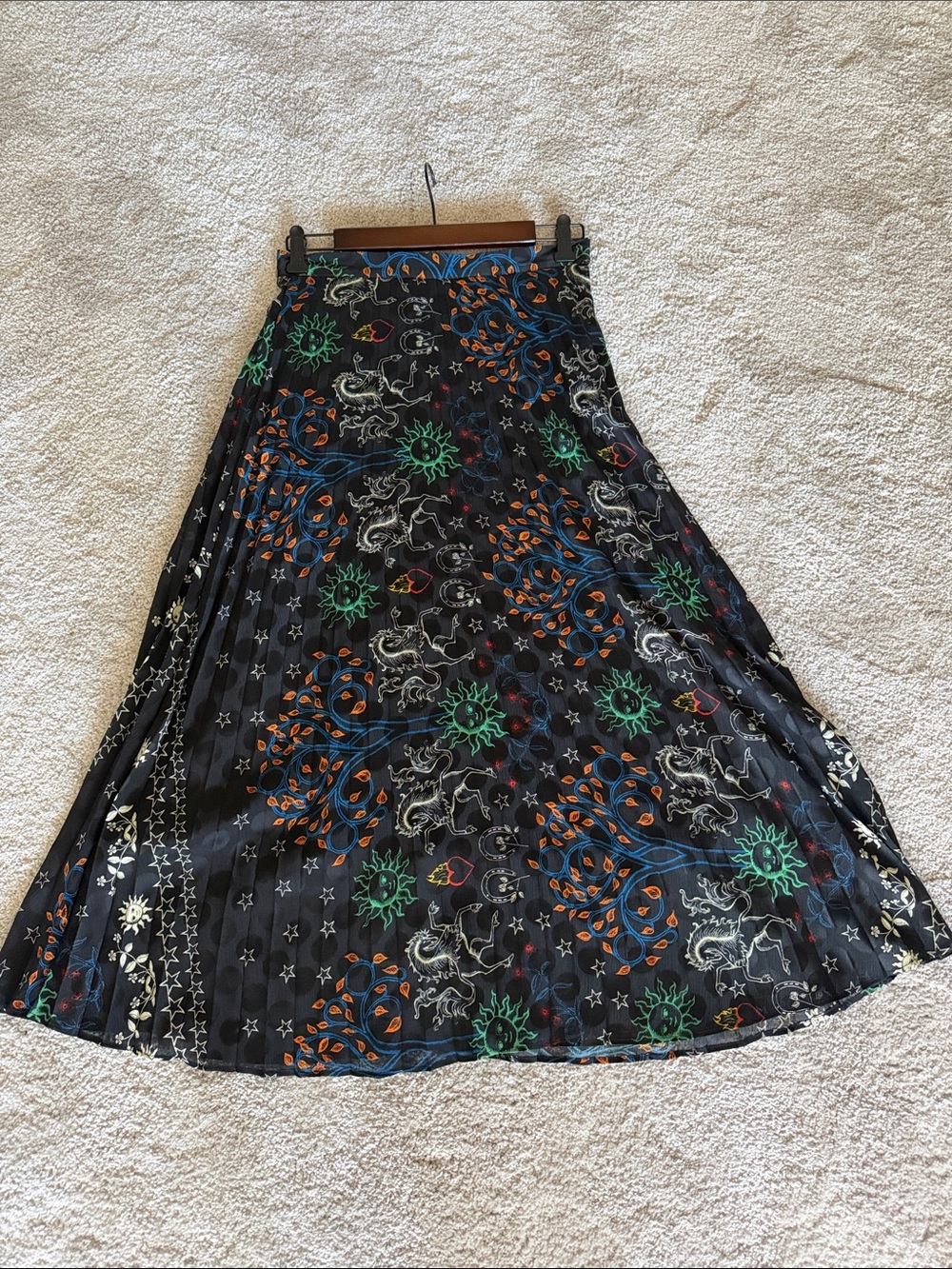 Sandro Black Floral & Sunburst Pleated Maxi Skirt